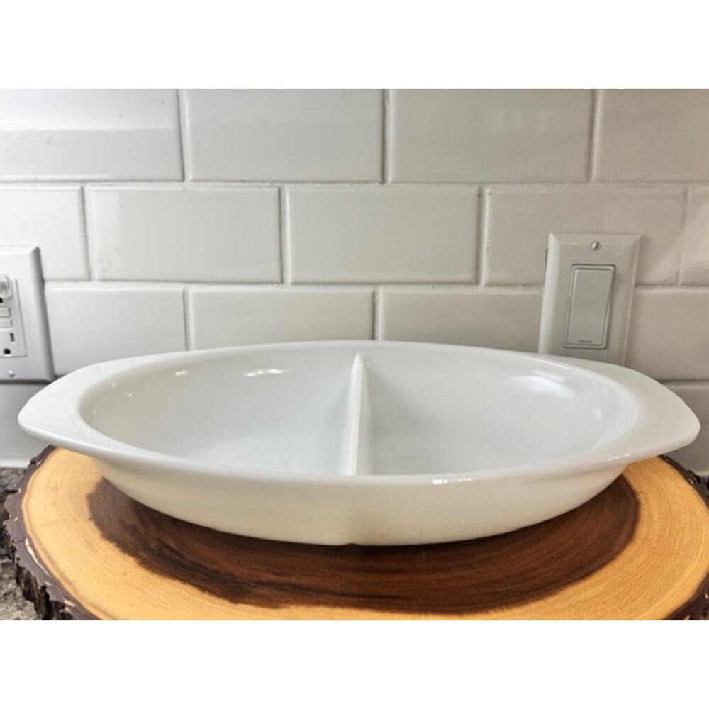 Vintage Pyrex White Divided Oval Serving Dish 1.5 Qt USA Mid Century